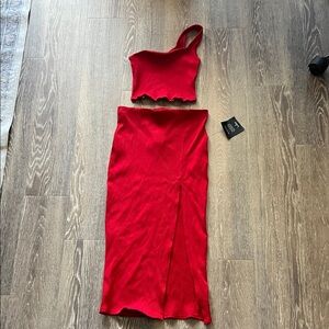 Women’s One-Shoulder Red Ribbed Midi Skirt Set